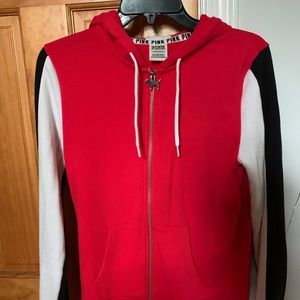 PINK Victoria’s Secret red black and white zip up hoodie